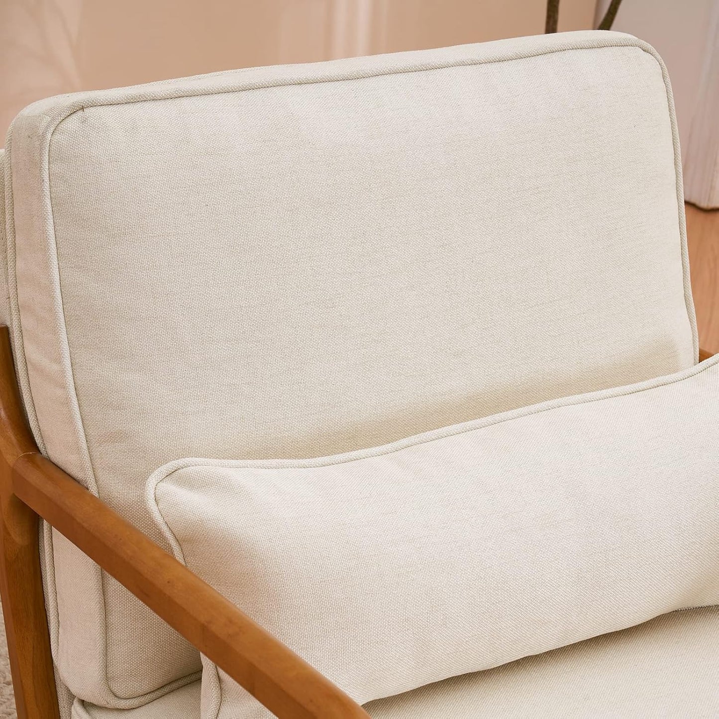 Mid-Century Modern Accent Chair with Pillow, Linen Upholstered Armchair with Solid Wood Frame – Beige