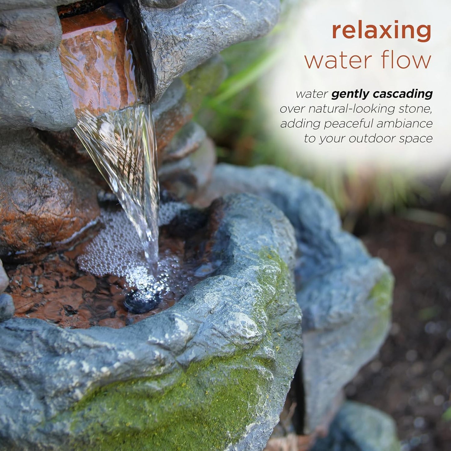 3-Tier Rock Waterfall Fountain with LED Lights – 22" Outdoor Garden & Patio Decor, Gray