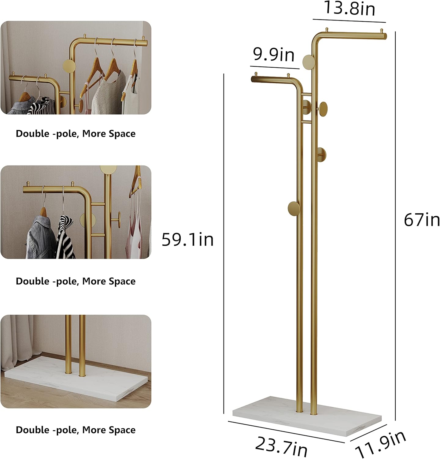 Double-Pole Freestanding Coat Rack with 5 Hooks and Marble Base, Gold