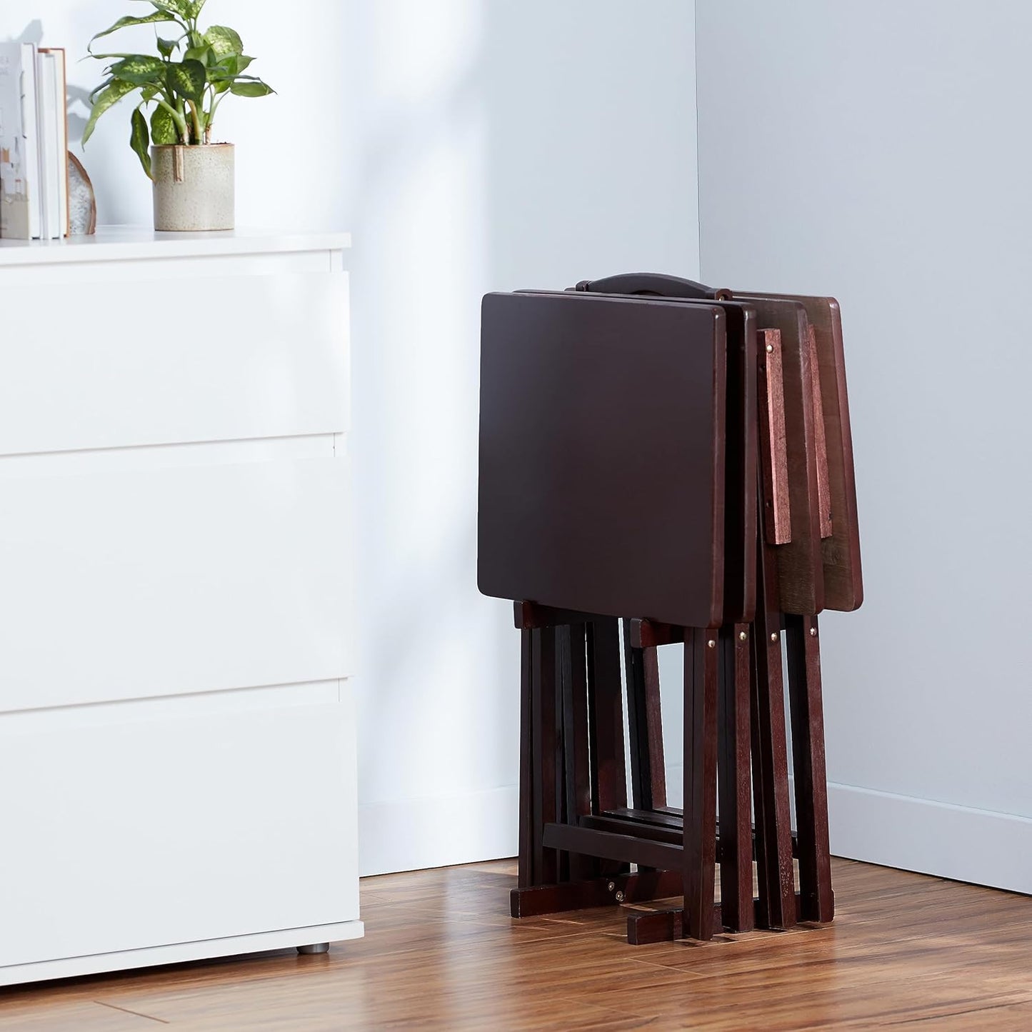 Foldable TV Tray Table Set with Storage Rack, 4-Pack – Espresso