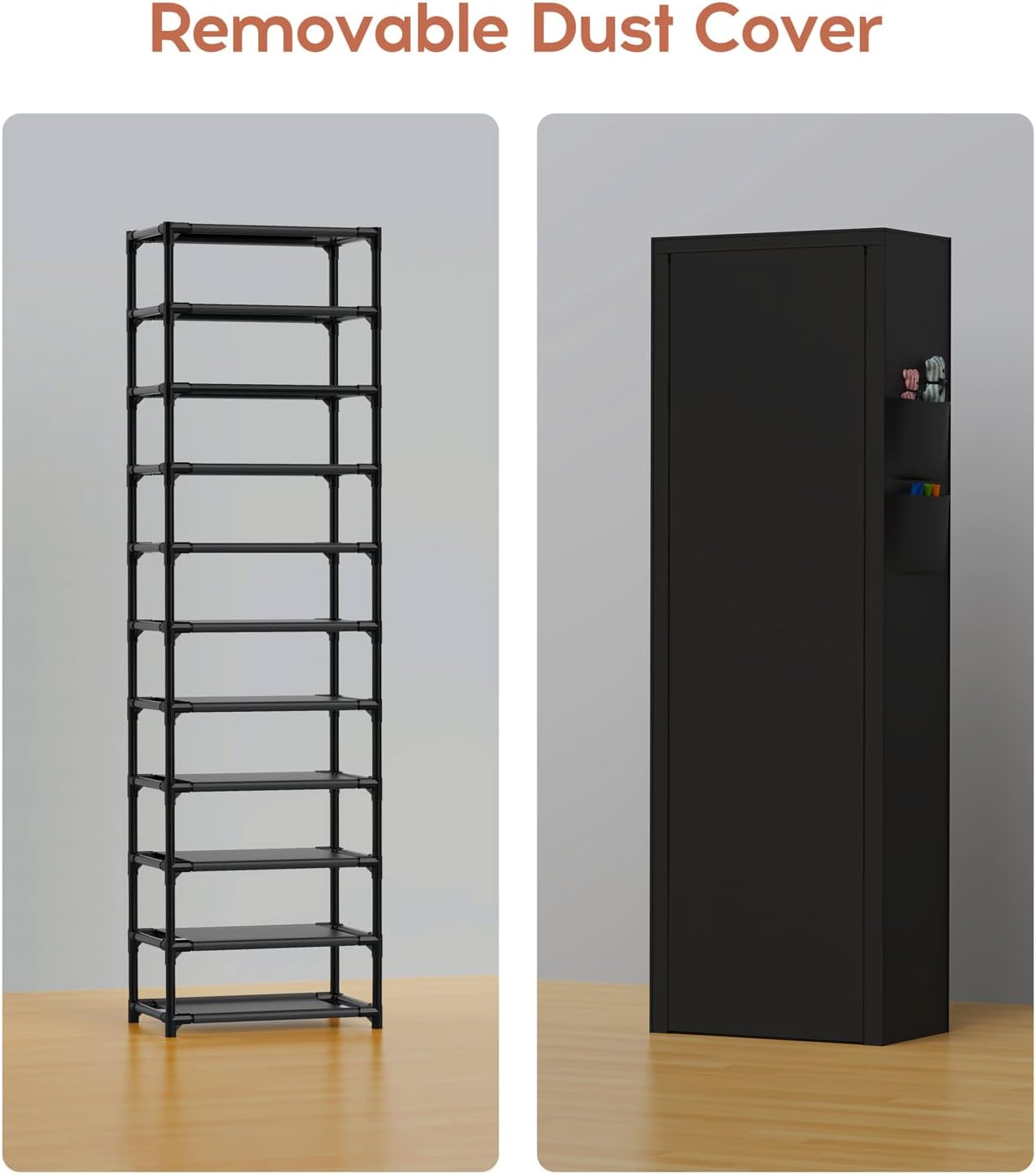 10-Tier Vertical Shoe Rack with Dust Cover – Tall Narrow Closet Organizer, Black