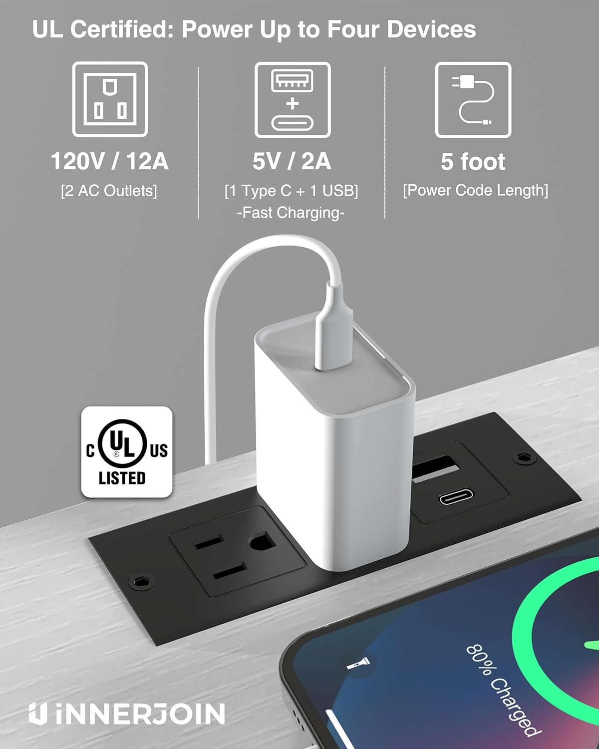 Side Table Set of 2, C-Shaped End Tables with USB Charging & LED Light, Small Sofa Laptop & Snack Tables, White