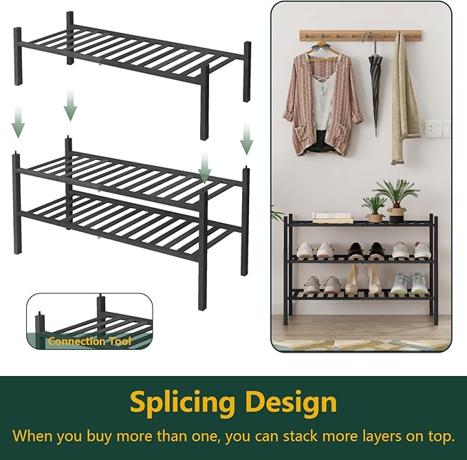 3-Tier Bamboo Shoe Rack, Stackable Free-Standing Organizer for Entryway, Hallway, Bathroom – Black