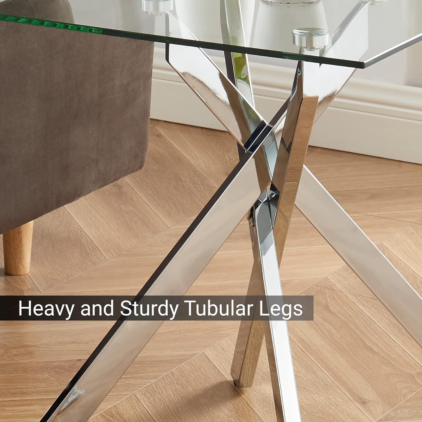 Square Glass Side Table with Metal Legs, Silver, 20”x20”x22”