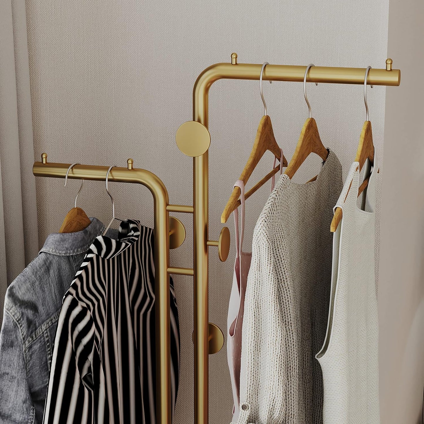 Double-Pole Freestanding Coat Rack with 5 Hooks and Marble Base, Gold