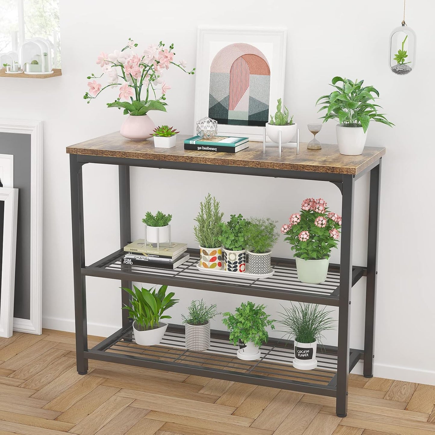 32" Industrial Console Table with Double Mesh Shelves for Entryway & Living Room
