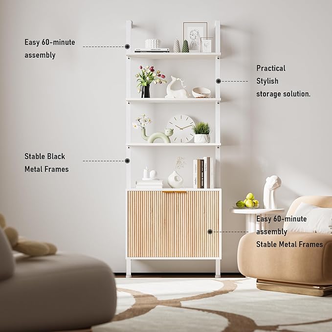 74" Ladder Bookshelf with Storage Cabinet, Wood & Metal Frame, Open Display Shelf, White and Oak