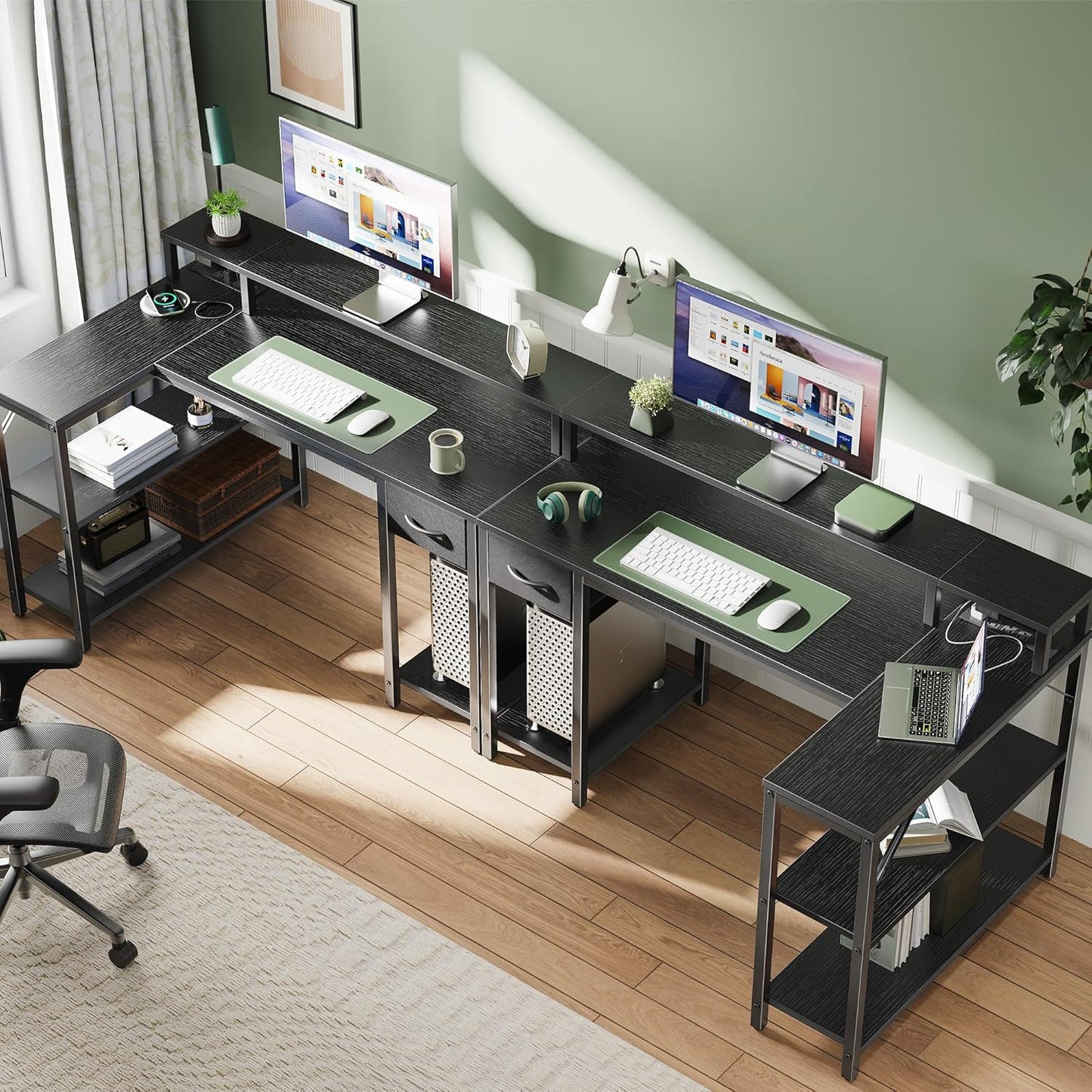 L Shaped Gaming Desk with Drawer, LED Lights, Power Outlets, Shelves & Monitor Stand, 47" Black