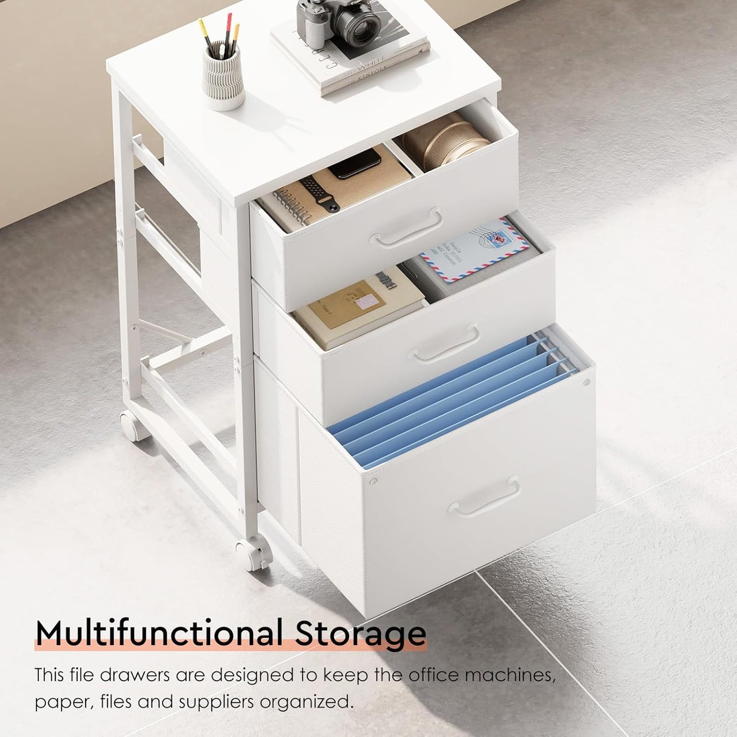 3-Drawer Mobile Fabric File Cabinet with Wheels – A4/Letter Size, White