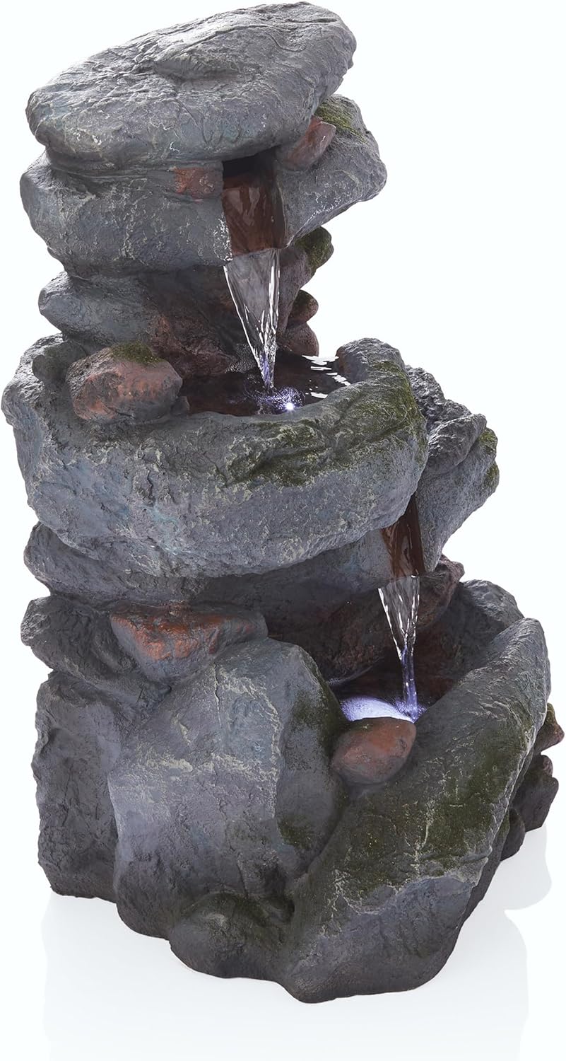 3-Tier Rock Waterfall Fountain with LED Lights – 22" Outdoor Garden & Patio Decor, Gray