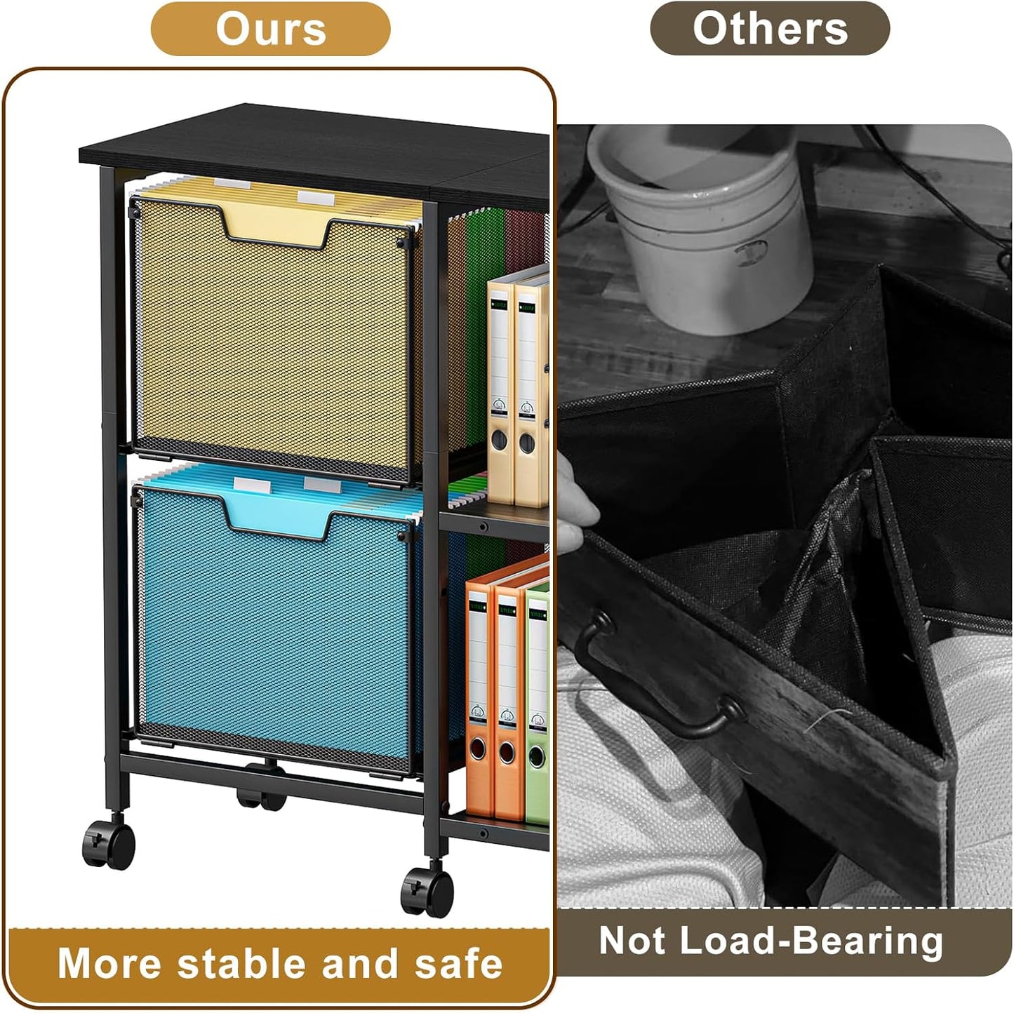 2 Drawer Lateral File Cabinet with Wheels and Storage Shelf – Black