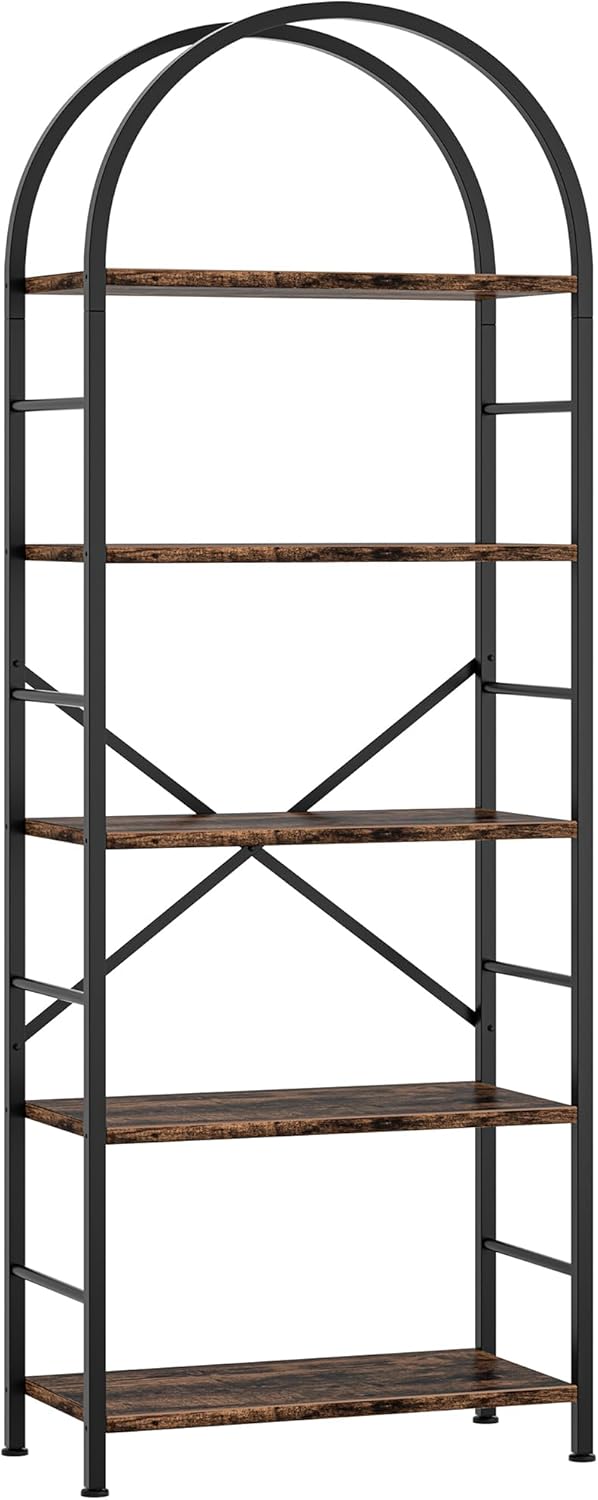 Arched 5-Tier Bookshelf, Rustic Brown Storage Bookcase for Home or Office