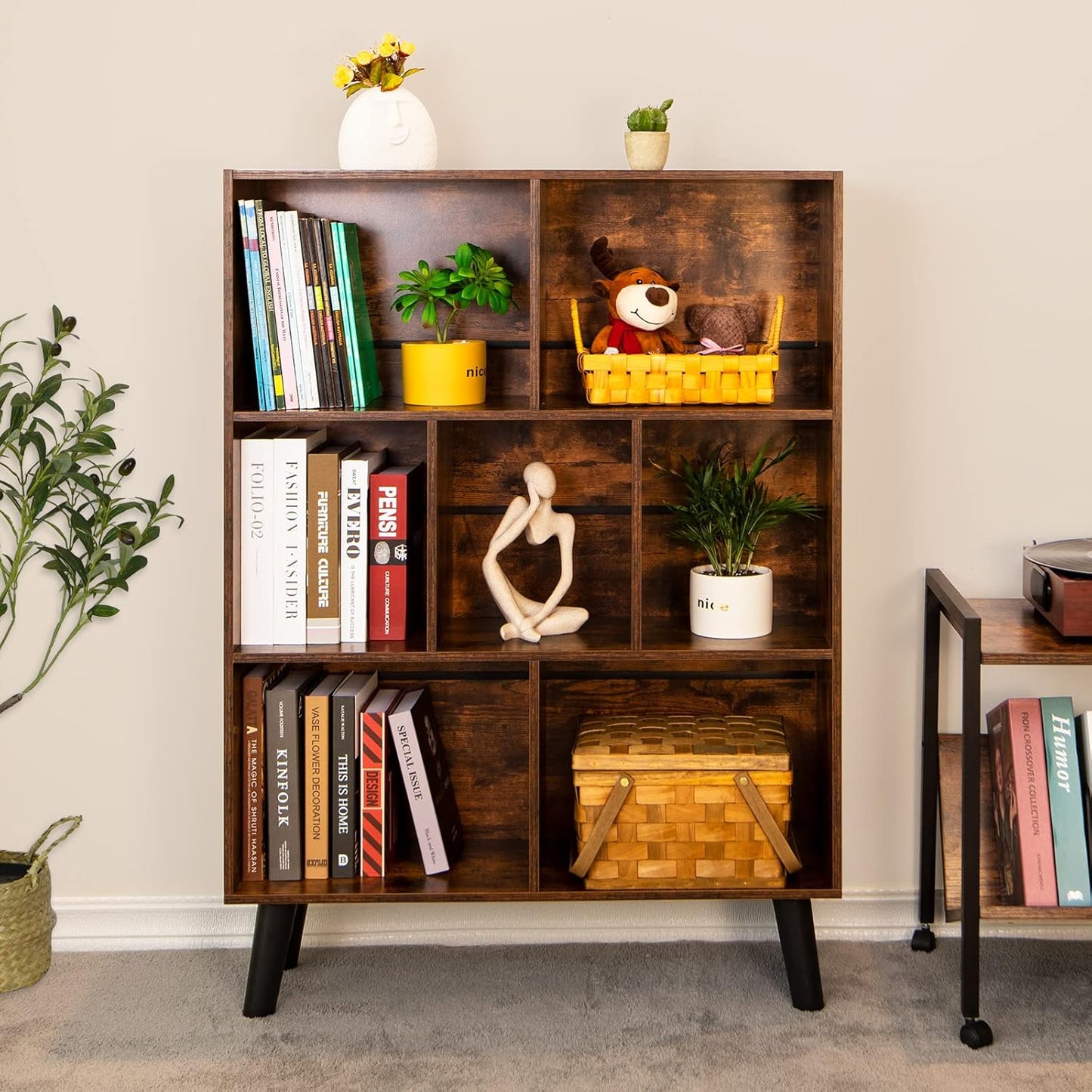 3-Tier Cube Bookshelf with Legs – Mid-Century Rustic Brown Wood Storage Organizer for Bedroom, Living Room, or Office