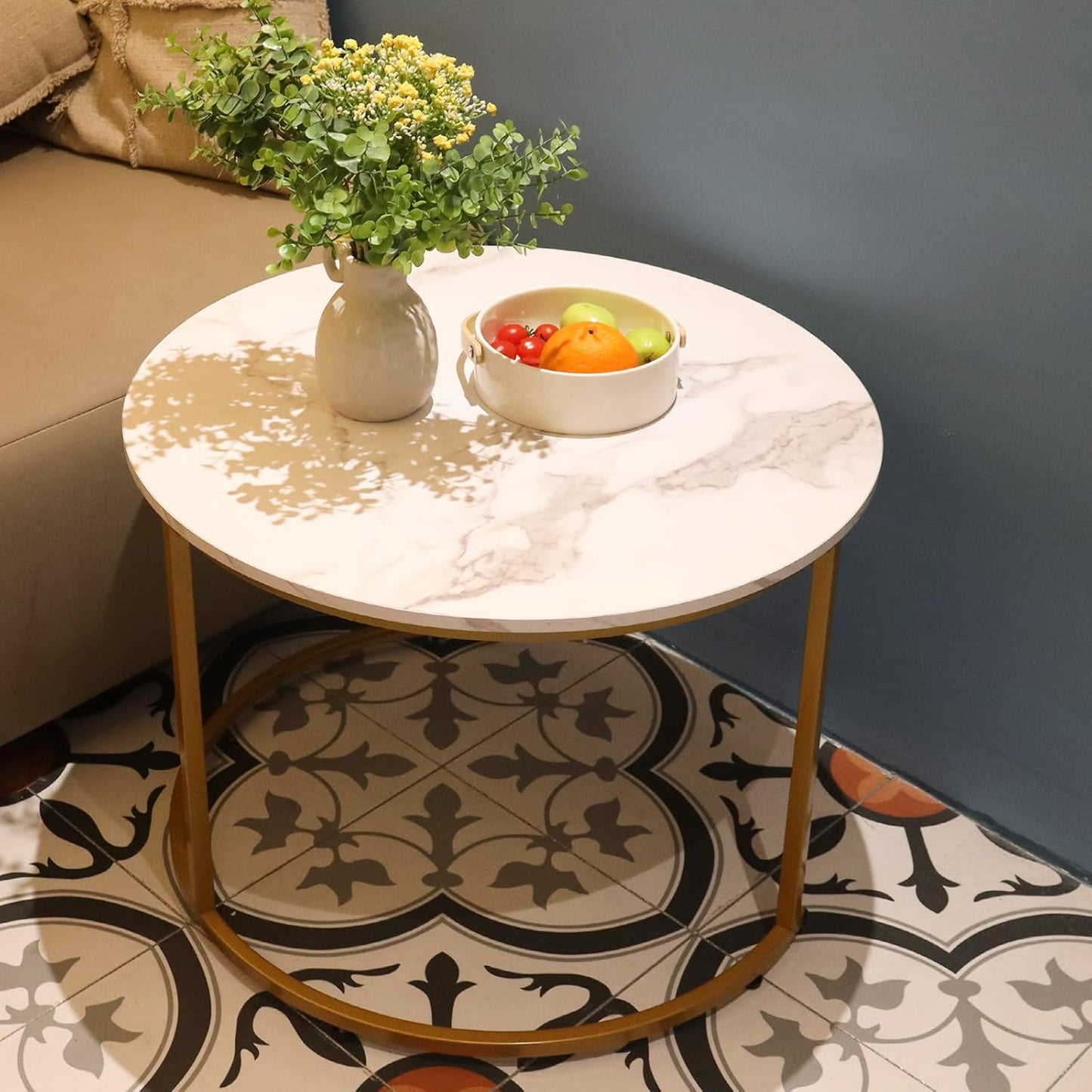 Nesting Coffee Table Set of 2, Round Marble Pattern with Gold Frame for Living Room & Bedroom