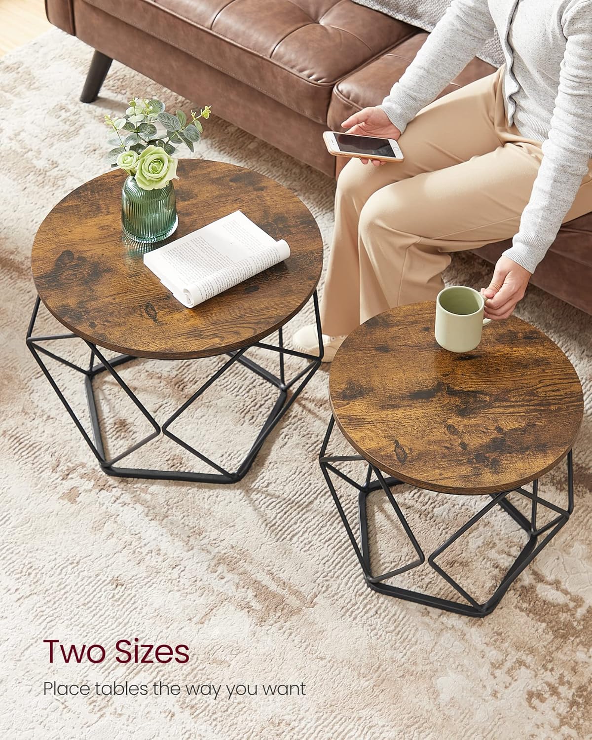 Round Coffee Table Set of 2 with Steel Frame, Side End Tables for Living Room, Bedroom, Office, Rustic Brown and Black