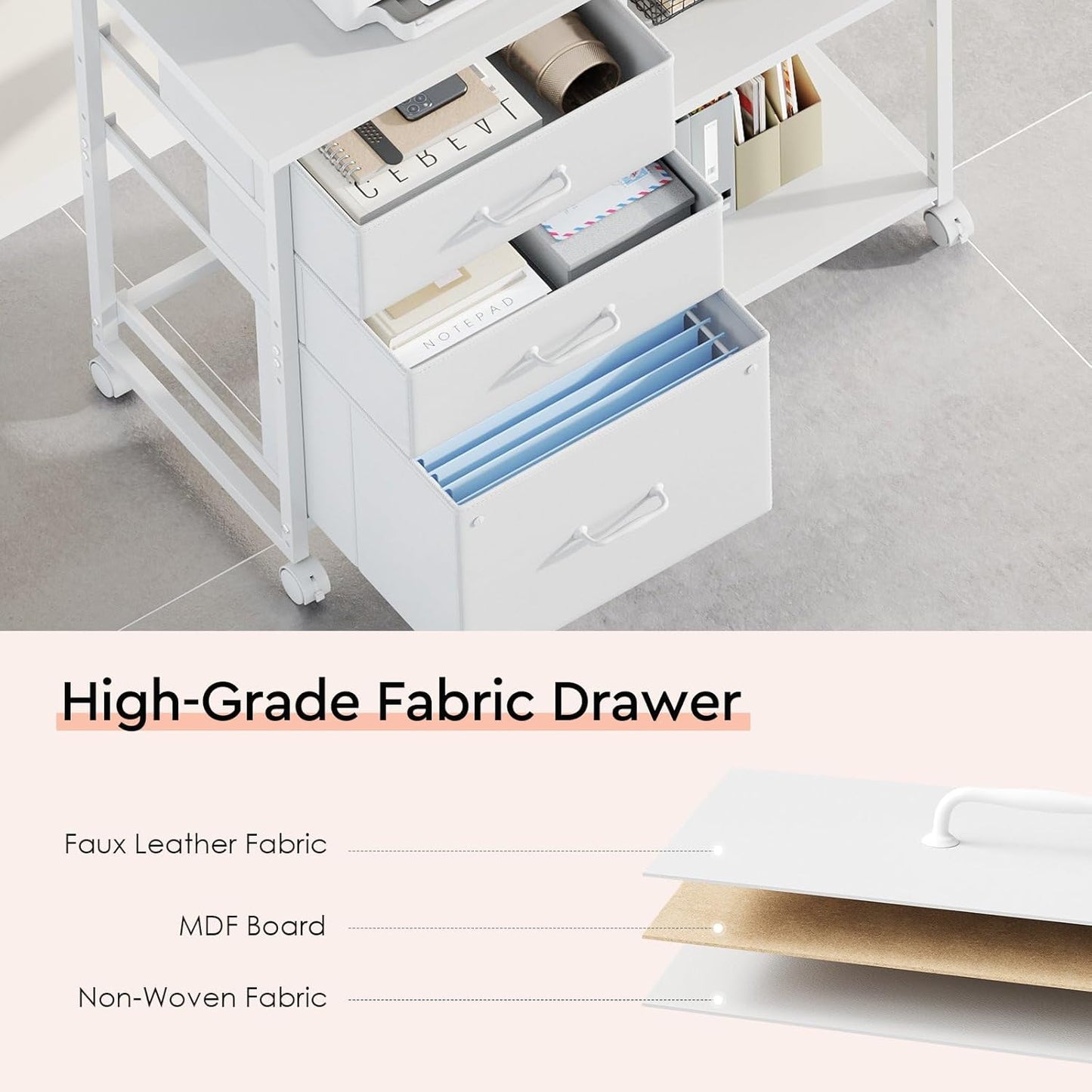 3-Drawer Rolling File Cabinet with Open Shelf – White