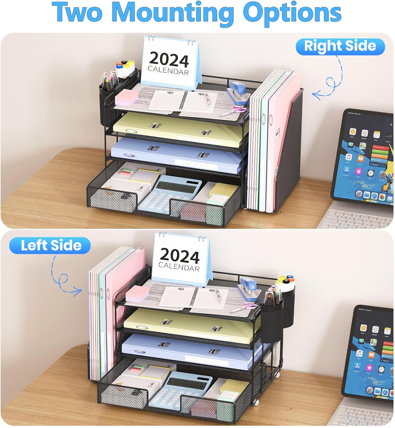 4-Tier Desktop File Organizer with Drawer and Pen Holders – Desk Organizer for Office Supplies (Black)