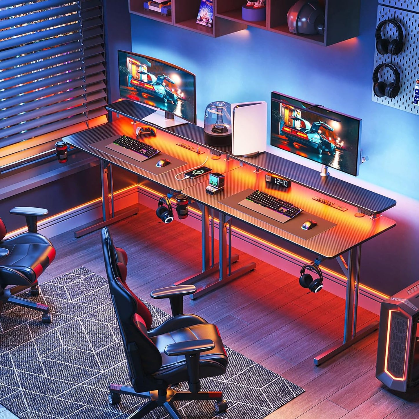 32" Gaming Desk with LED Lights, Power Outlets & Monitor Shelf, Carbon Fiber Texture