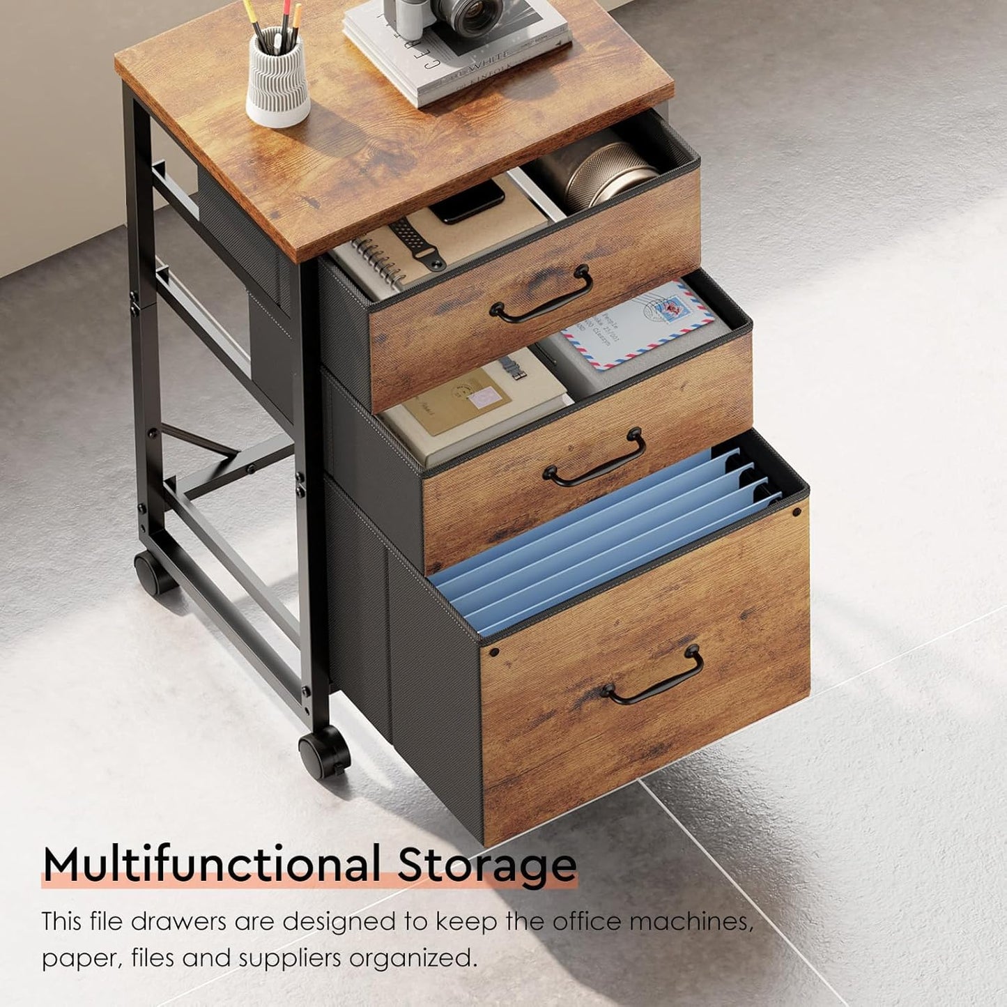 3-Drawer Mobile Fabric File Cabinet with Wheels – A4/Letter Size, Rustic Brown