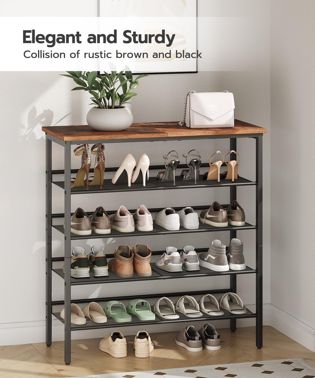 5-Tier Shoe Rack with Adjustable Shelves, Metal Storage Organizer for Entryway or Closet – Rustic Brown