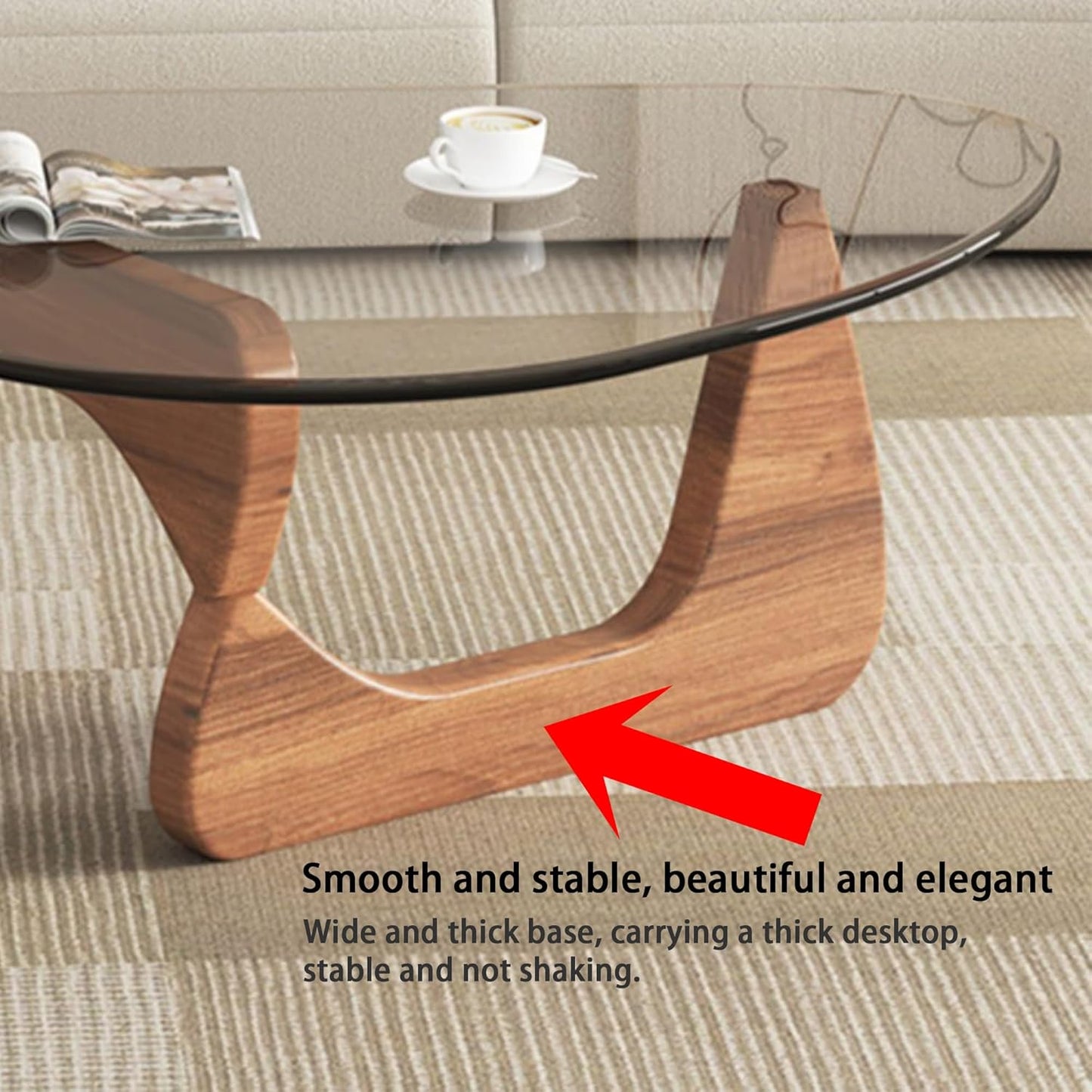 Modern Glass Coffee Table, Round Abstract Tea Table with Walnut Base for Living Room