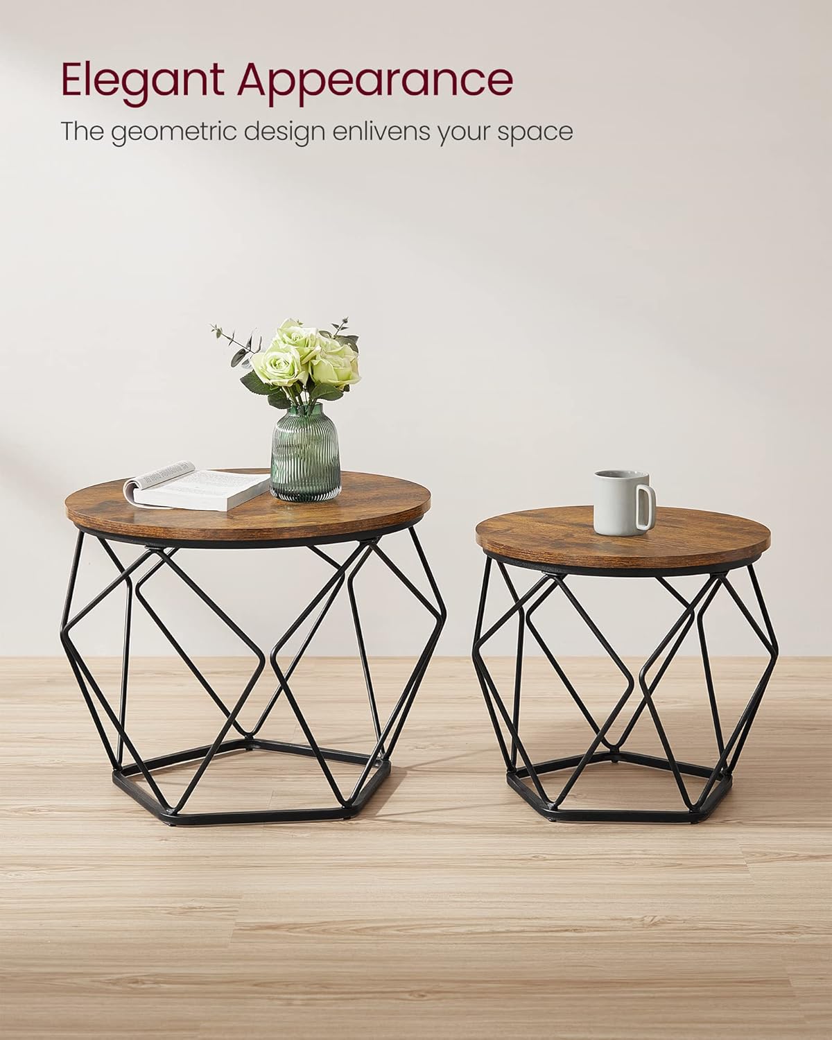 Round Coffee Table Set of 2 with Steel Frame, Side End Tables for Living Room, Bedroom, Office, Rustic Brown and Black