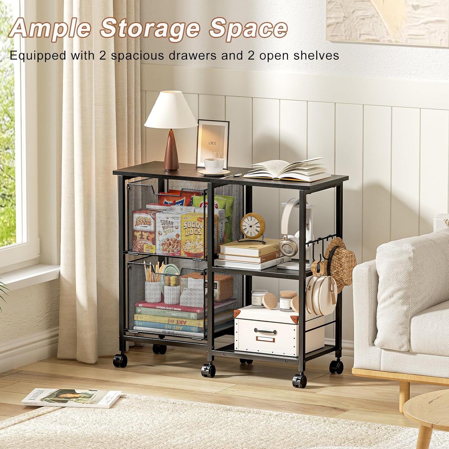 2 Drawer Lateral File Cabinet with Wheels and Storage Shelf – Black