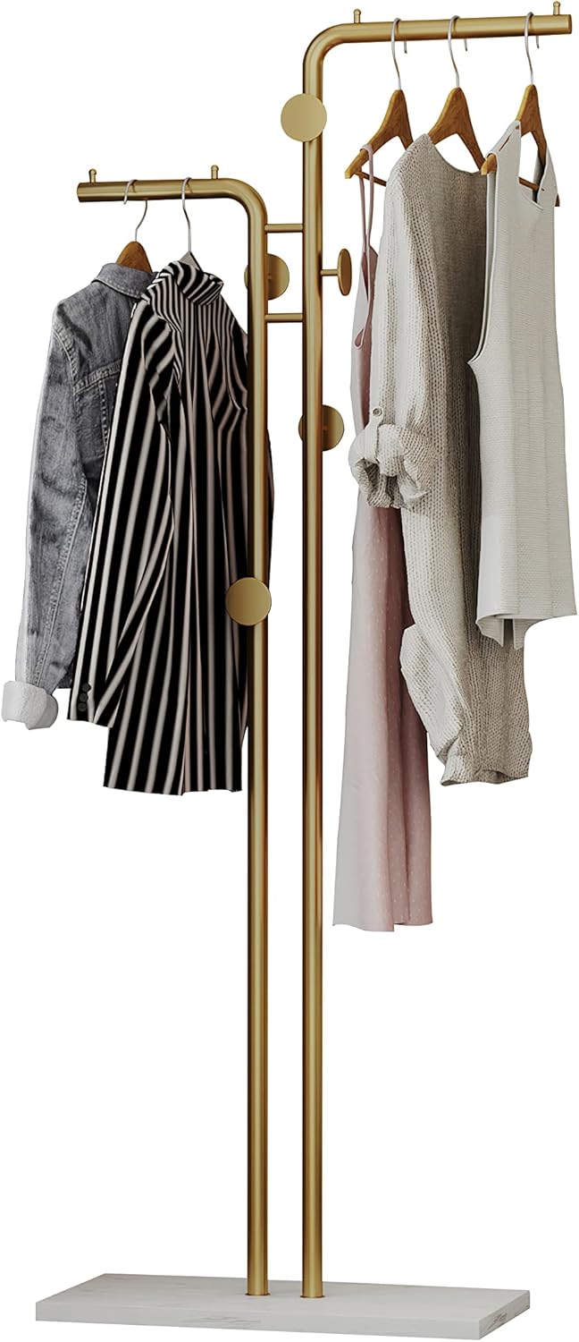 Double-Pole Freestanding Coat Rack with 5 Hooks and Marble Base, Gold
