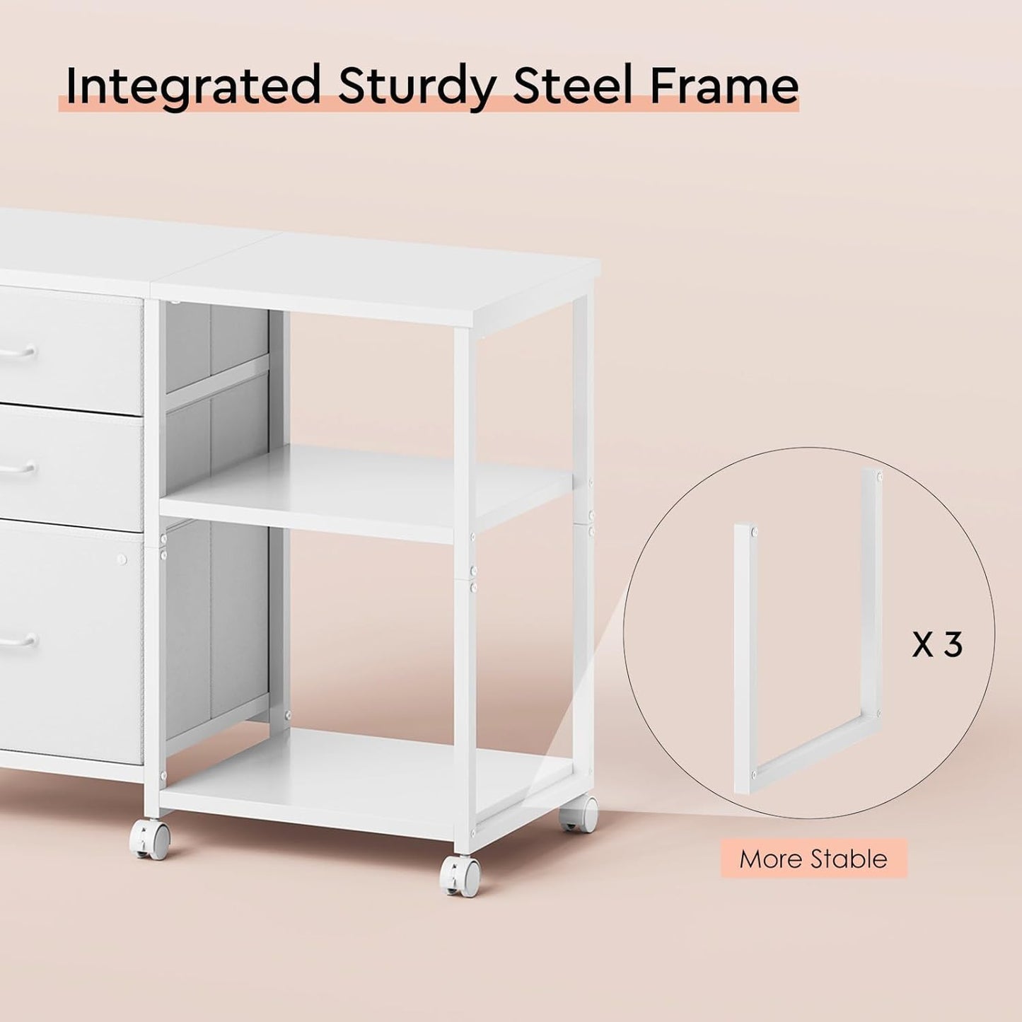 3-Drawer Rolling File Cabinet with Open Shelf – White