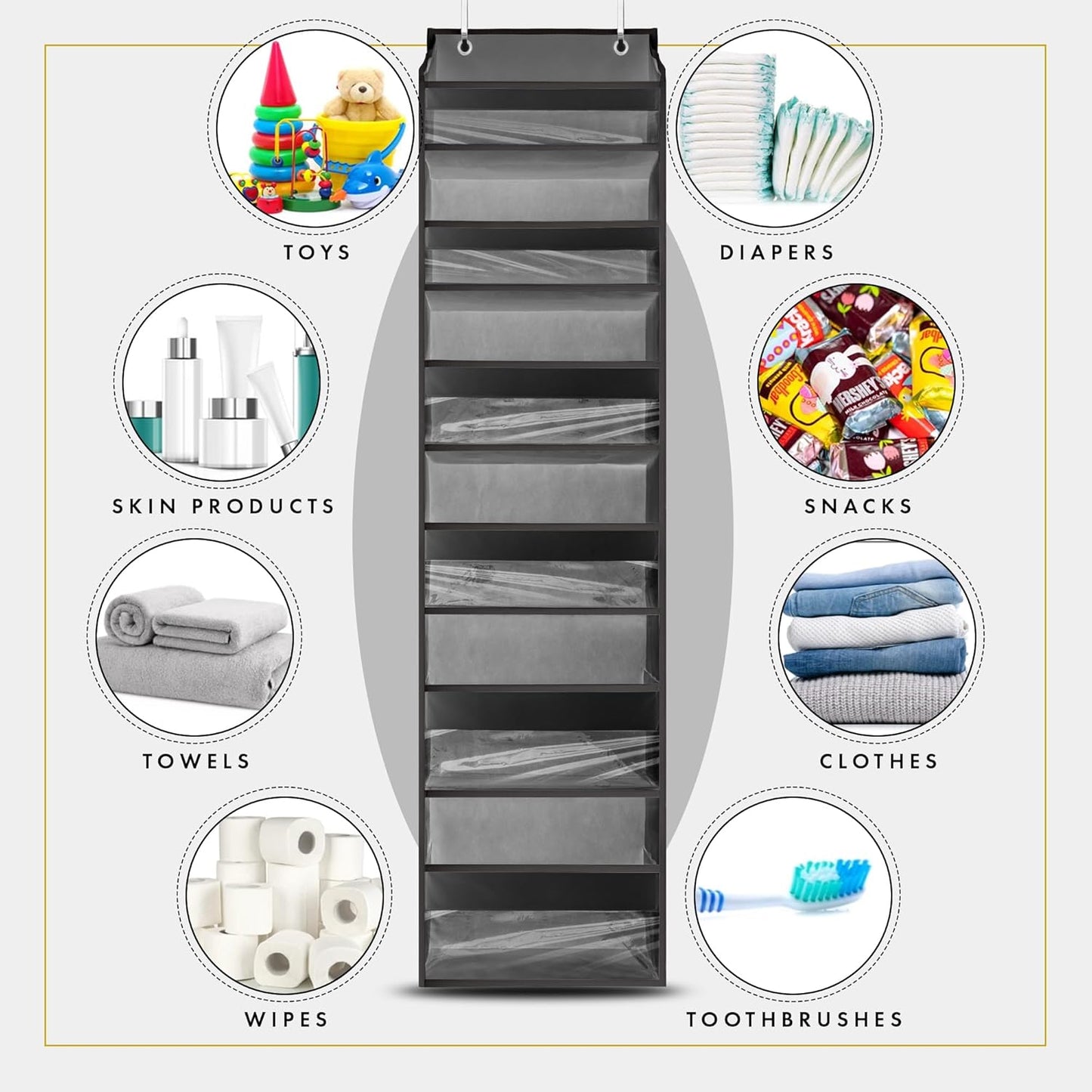 Over the Door Organizer, 2-Pack Hanging Storage with 6 Large Pockets & 12 Mesh Pockets, Closet Door Organizer for Bedroom, Bathroom, Nursery – Dark Gray