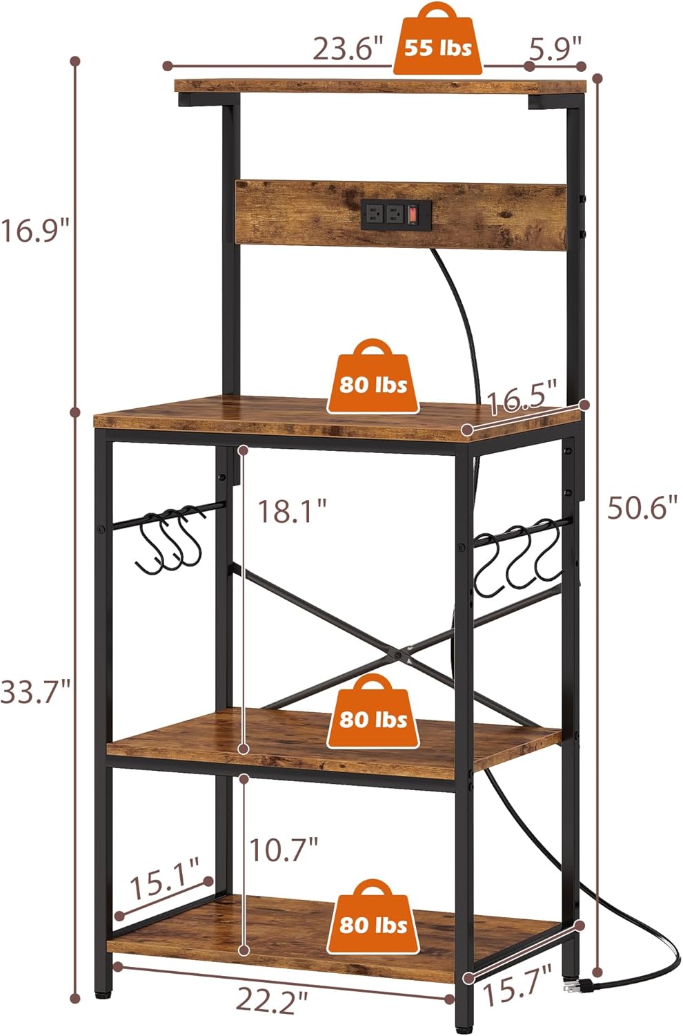 ChatGPT said: Kitchen Baker’s Rack with Power Outlet – 4-Tier Coffee Bar & Microwave Stand with Hooks, Rustic Brown