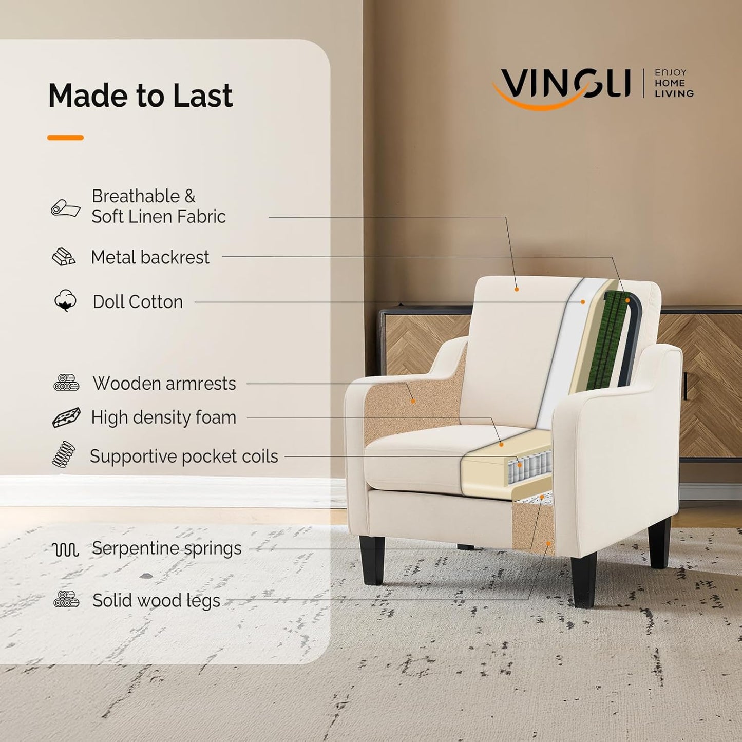 Modern Beige Accent Chair Upholstered Armchair with Scooped Arms for Living Room, Bedroom or Office