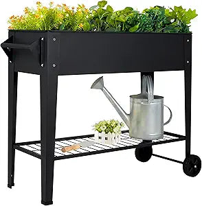 Raised Garden Bed with Wheels & Shelf, 32" Tall Steel Planter Box for Vegetables & Herbs, 400 lbs Capacity