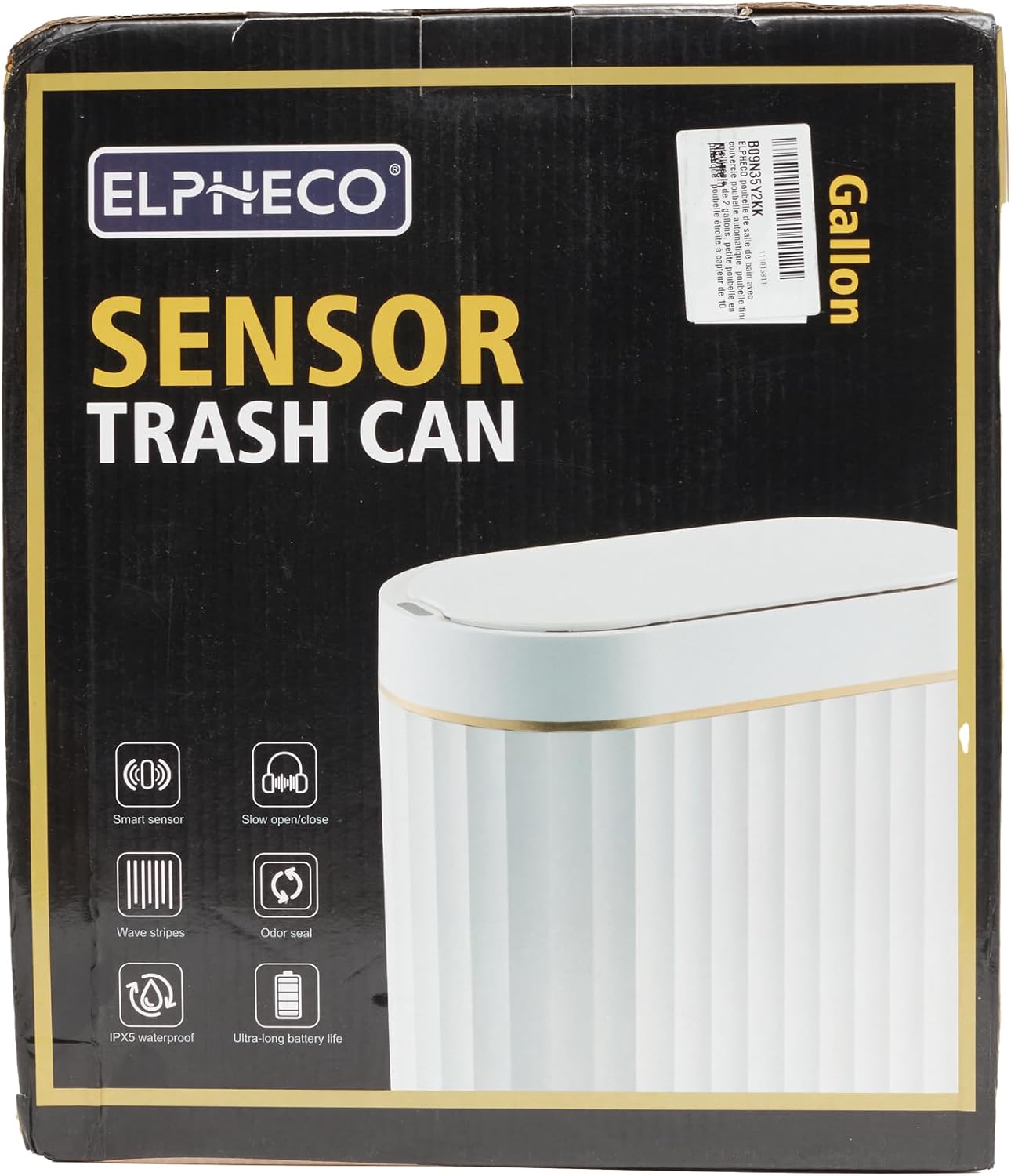 Automatic Motion Sensor Trash Can, 2 Gallon Slim Slimline Bin for Bathroom, Bedroom, Kitchen, Office – White with Gold Trim