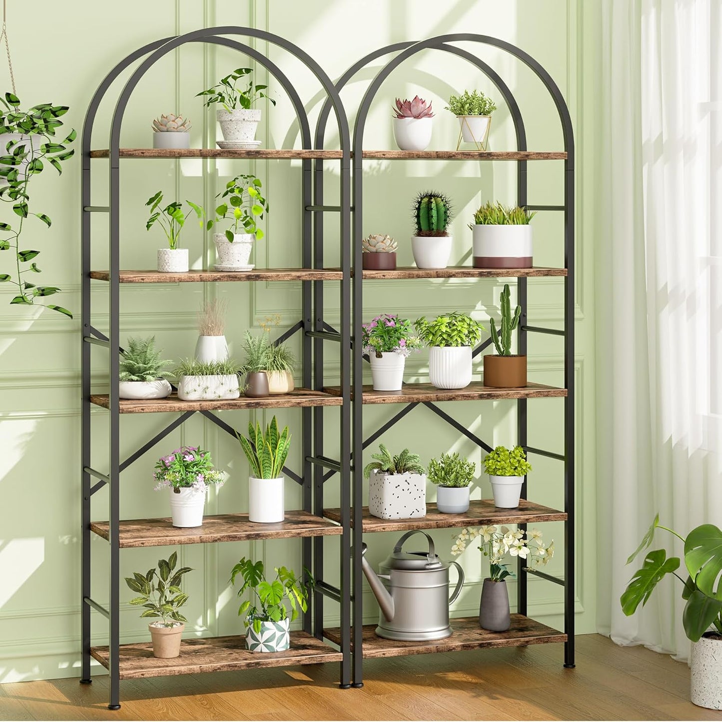 Arched 5-Tier Bookshelf, Rustic Brown Storage Bookcase for Home or Office