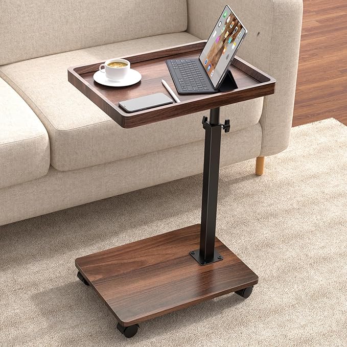 Adjustable C-Shaped End Table with Swivel TV Tray – Walnut Brown