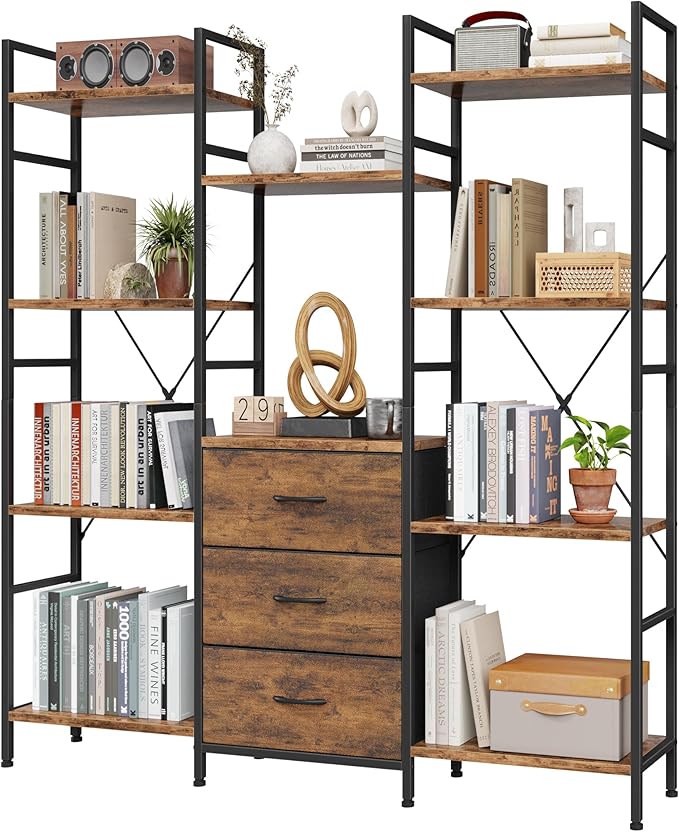 Triple Bookshelf with Fabric Drawers, 4-Tier Storage and Display Shelves, Rustic Brown