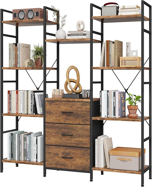 Triple Bookshelf with Fabric Drawers, 4-Tier Storage and Display Shelves, Rustic Brown