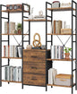 Triple Bookshelf with Fabric Drawers, 4-Tier Storage and Display Shelves, Rustic Brown