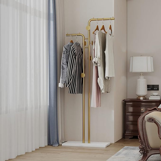 Double-Pole Freestanding Coat Rack with 5 Hooks and Marble Base, Gold