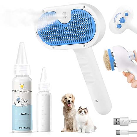 3-in-1 Pet Steam Grooming Brush – Hair Removal & Self-Cleaning for Dogs & Cats, Blue
