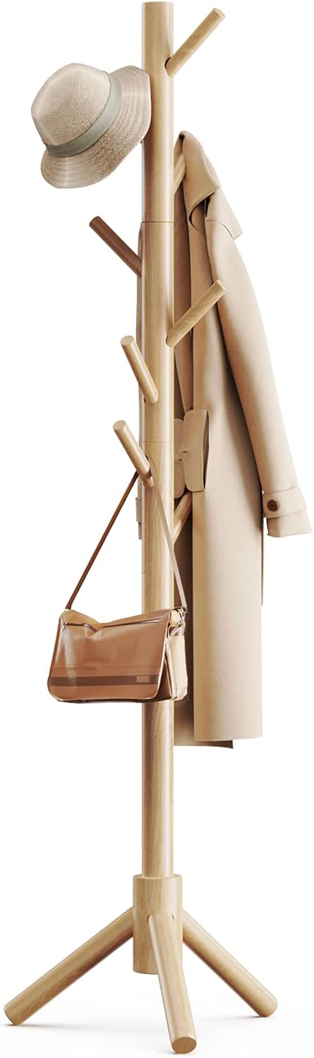 Wooden Coat Rack Stand with Adjustable Height and 8 Hooks for Entryway, Bedroom, or Office