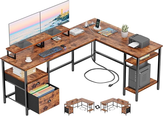 L-Shaped Computer Desk with Power Outlet, File Drawer, Monitor Stands & Storage Shelves for Home Office or Gaming
