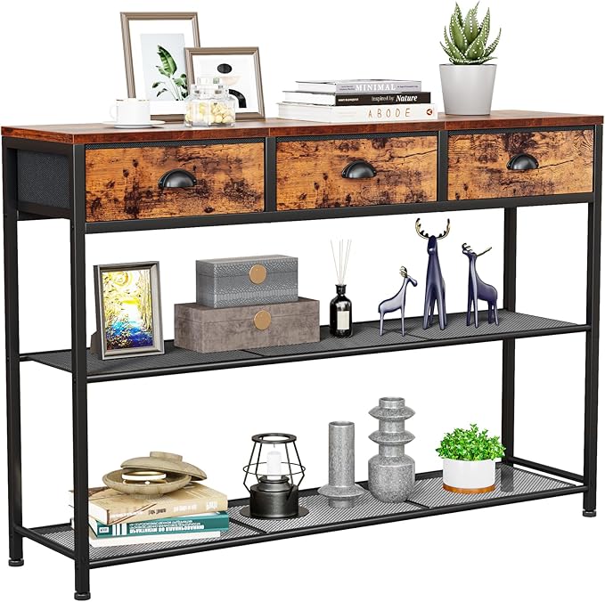 Console Table with 3 Drawers and Storage Shelves, Rustic Brown Entryway Table for Living Room or Hallway