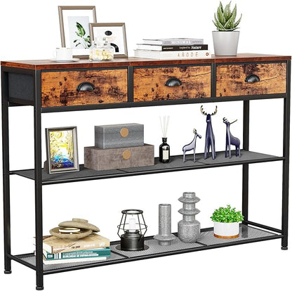 Console Table with 3 Drawers and Storage Shelves, Rustic Brown Entryway Table for Living Room or Hallway