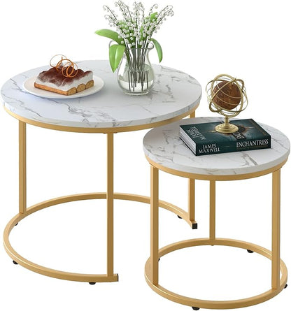 Nesting Coffee Table Set of 2, Round Marble Pattern with Gold Frame for Living Room & Bedroom