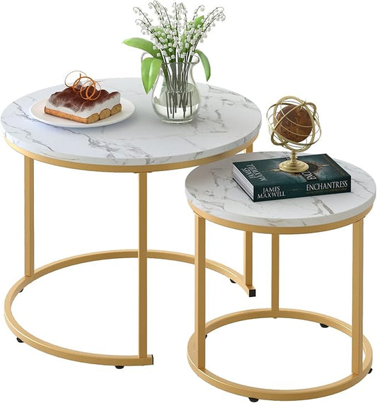 Nesting Coffee Table Set of 2, Round Marble Pattern with Gold Frame for Living Room & Bedroom