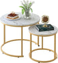 Nesting Coffee Table Set of 2, Round Marble Pattern with Gold Frame for Living Room & Bedroom
