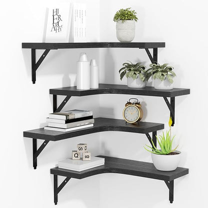 Corner Floating Shelves Set of 4 – Rustic Wood Wall Storage & Display (Black)