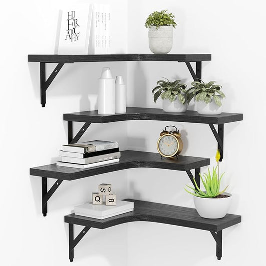 Corner Floating Shelves Set of 4 – Rustic Wood Wall Storage & Display (Black)